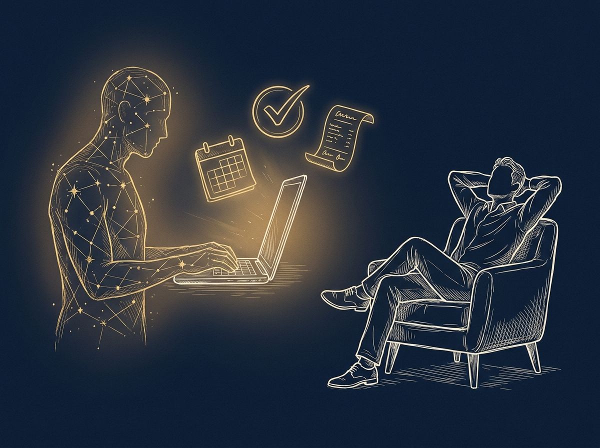 Hand-drawn navy and gold illustration of a glowing figure working at a laptop with a calendar and checklist while a person relaxes in an armchair