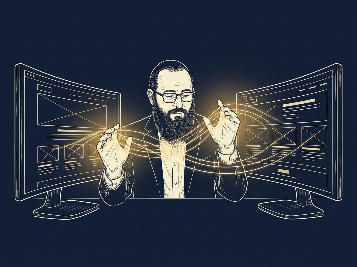 Line-art illustration of Dr. Wolf weaving golden threads of light into website layouts across two monitors