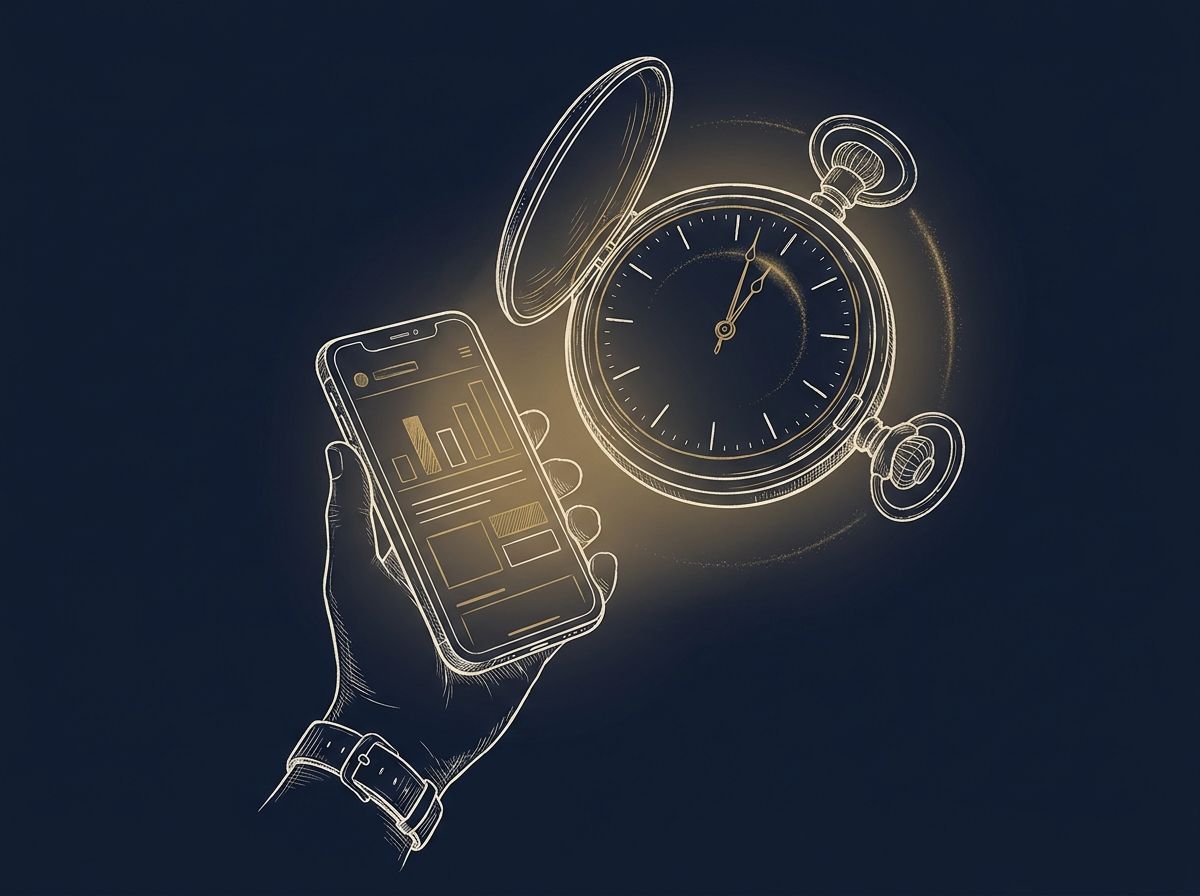 Line-art illustration of a hand holding a glowing phone beside an antique pocket watch one second past twelve