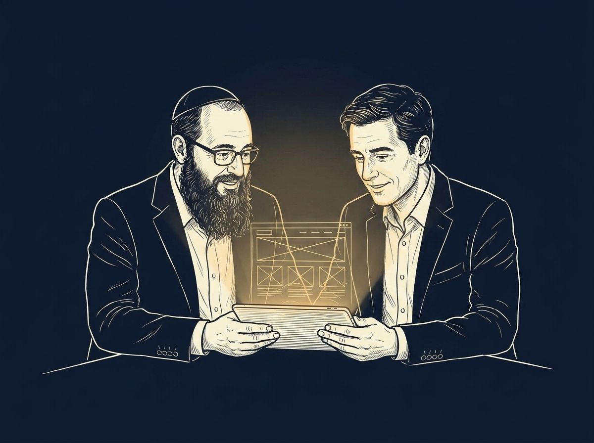 Line-art illustration of Dr. Wolf and a client reviewing a glowing website wireframe on a tablet