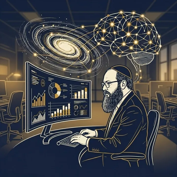 The founder at the screen with a galaxy